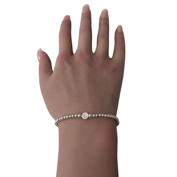 925 Sterling Silver Beaded Stretch Stacking Bracelet MOP Letter Initial B - Picture 6 of 6